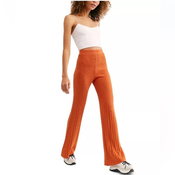 Free People Beach High Rise Knitted Ribbed Flare Pants Brown - Picture 1 of 15